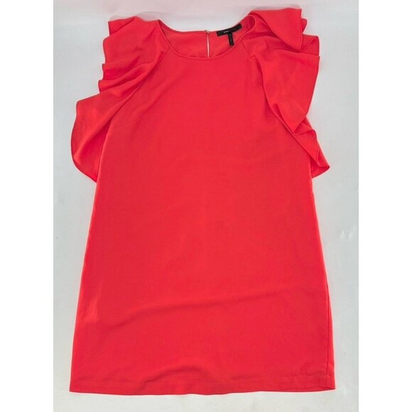 BCBGMAXAZRIA Red Orange Chiffon Flutter Sleeve Shift Dress Sz L Preppy Event - Picture 3 of 10